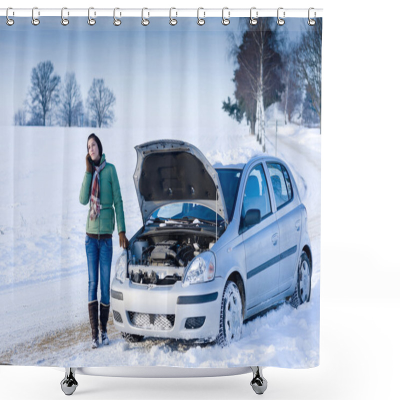 Personality  Winter Car Breakdown - Woman Call For Help, Road Assistance Shower Curtains