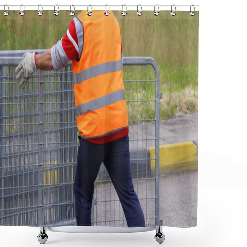 Personality  Worker With Orange High-visibility Vest While Moving The Fences Shower Curtains