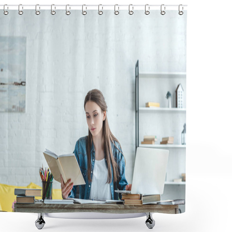 Personality  Concentrated Girl Reading Book And Using Laptop While Studying At Home Shower Curtains