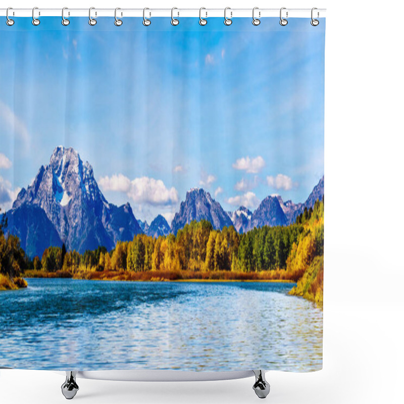 Personality  Mount Moran And Surrounding Mountains In The Teton Mountain Range Of Grand Teton National Park. Viewed From Oxbow Bend Of The Snake River In Wyoming, United Sates Shower Curtains