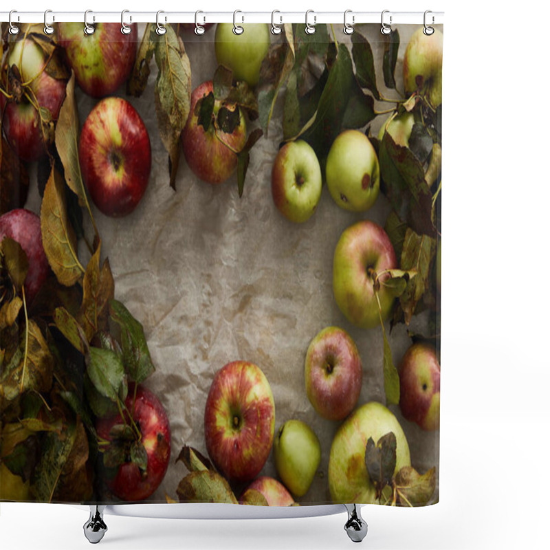 Personality  Top View Of Ripe Apples With Branch And Leaves With Copy Space Shower Curtains