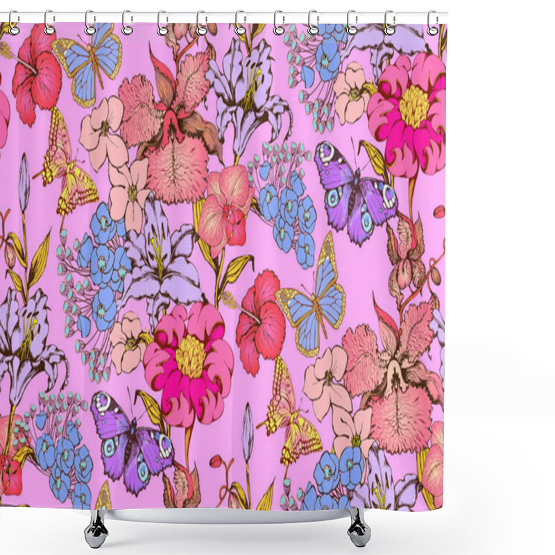 Personality  Fantastic Flowers And Butterflies. Seamless Border. Vector Illustration. Suitable For Fabric, Mural, Wrapping Paper And The Like Shower Curtains