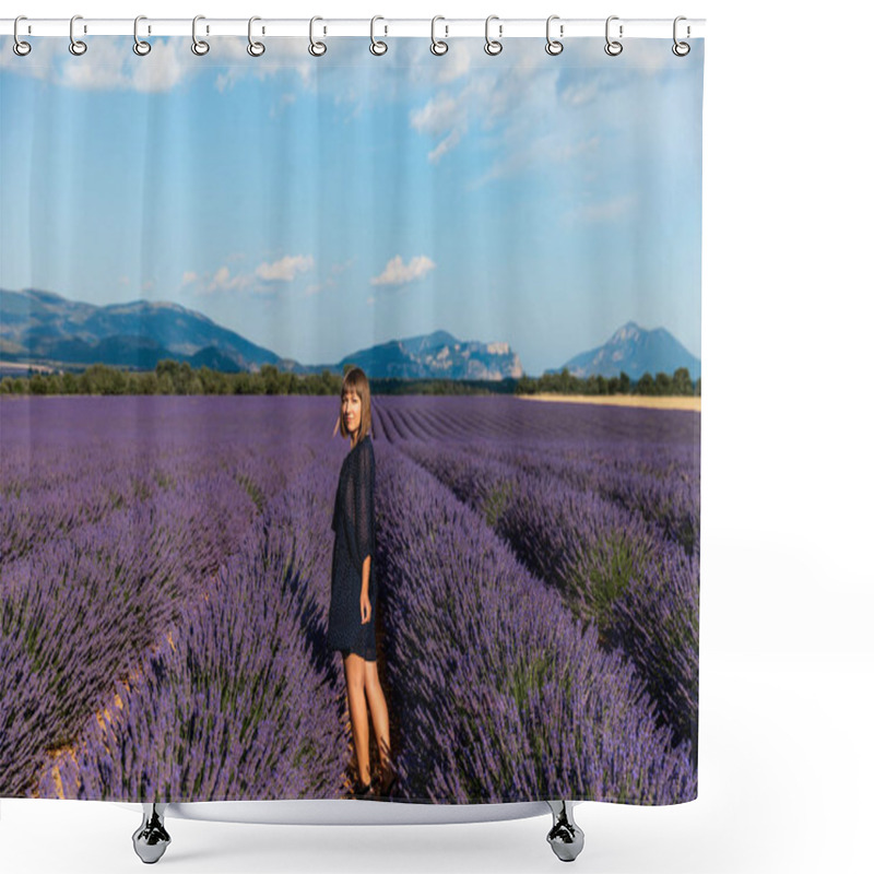 Personality  Beautiful Young Woman Standing On Lavender Field And Looking At Camera, Provence, France Shower Curtains