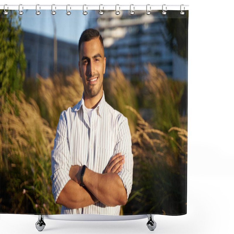 Personality  Young Smiling Middle Eastern Man With Arm Crossed  Wearing Stylish Shirt Looking At Camera Standing In Park  Shower Curtains