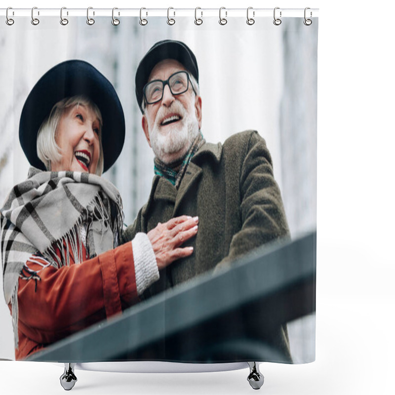 Personality  Pleased Senior Woman Embracing Her Happy Husband Shower Curtains