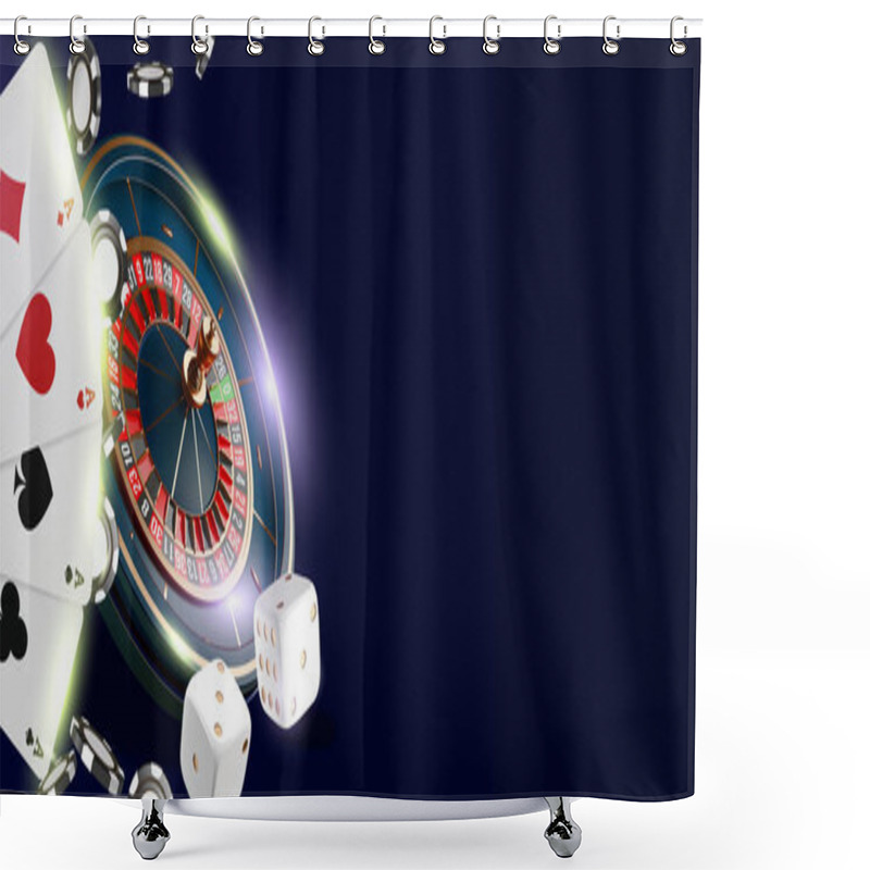 Personality  Online Casino Banner Or Flyer Background. Vegas Casino Roulette Wheel Isolated On Blue Background. 3d Realistic Vector Illustration. Online Poker Casino Roulette Gambling Backdrop Concept Design. Shower Curtains