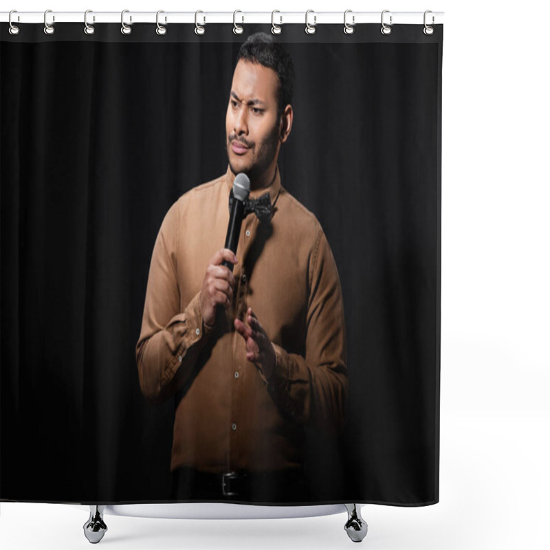 Personality  Skeptical Indian Comedian In Shirt And Bow Tie Holding Microphone During Monologue On Black  Shower Curtains