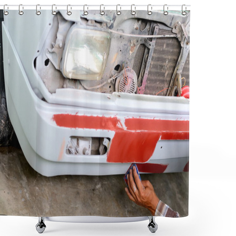 Personality  Auto Mechanic Preparing The Front Bumper Of A Car For Painting Shower Curtains