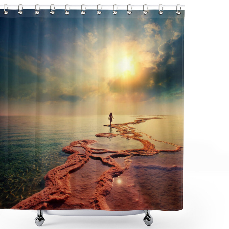 Personality  Woman Walking On Dead Sea Salt Shore Towards The Sun Shower Curtains