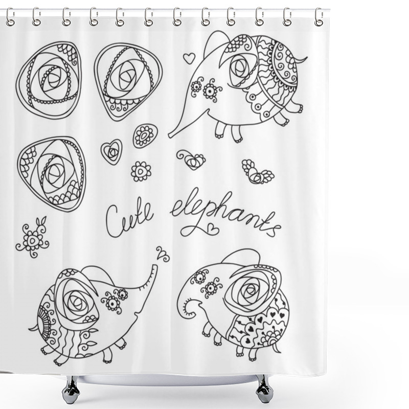 Personality  Set Of Cute Little Elephants And Roses Shower Curtains