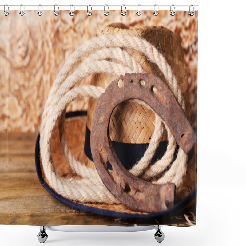 Personality  Old Horseshoe, Hat And Cowboy Lasso Shower Curtains