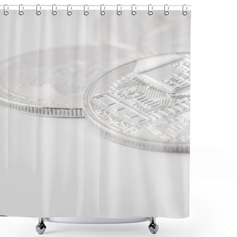 Personality  Close-up Shot Of Pile Of Silver Bitcoins On White Tabletop Shower Curtains