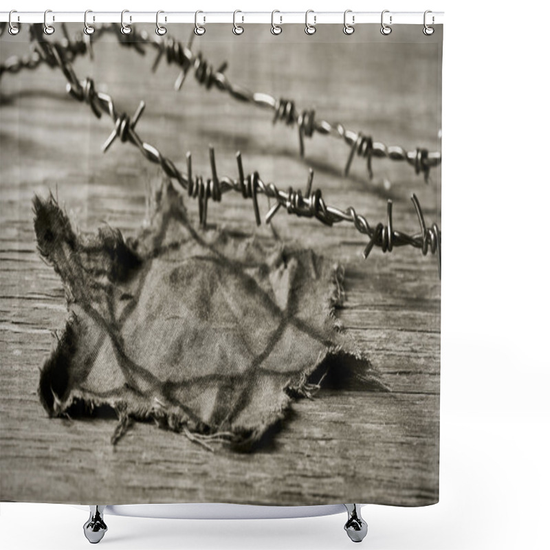 Personality  Jewish Badge And Barbed Wire, In Sepia Toning Shower Curtains