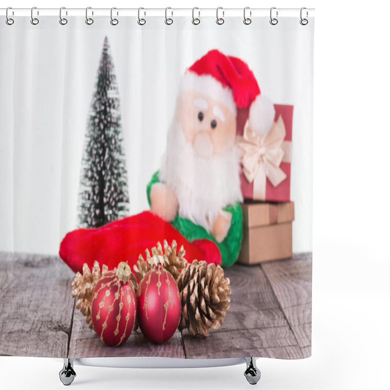 Personality  Santa Claus Toy Leaning Against Christmas Presents Close Up Shower Curtains