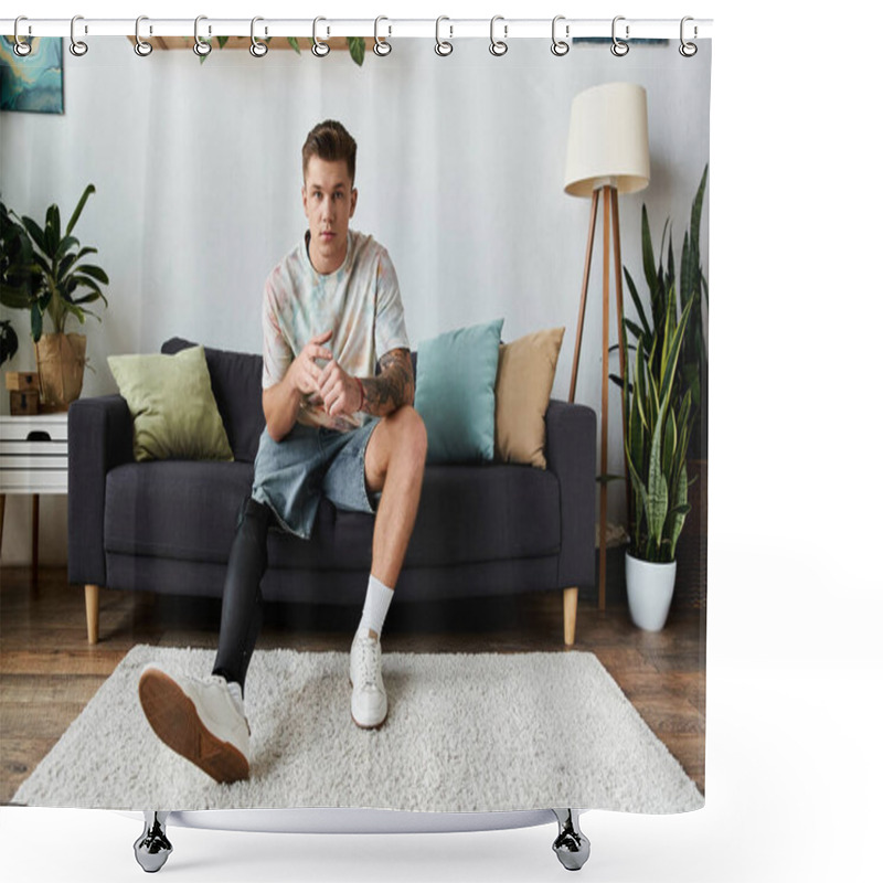 Personality  Stylish Young Man With A Prosthetic Leg Relaxes In A Green Filled Living Room. Shower Curtains