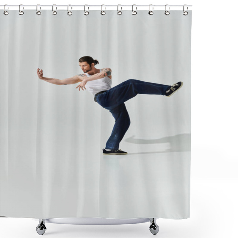 Personality  A Stylish Caucasian Man Performs A Captivating Trick In His White Shirt. Shower Curtains