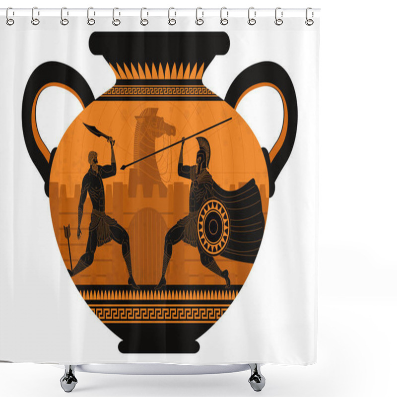 Personality  Orange And Black Figures Pottery Amphora Painting Of Troy War With Achilles Fighting Shower Curtains