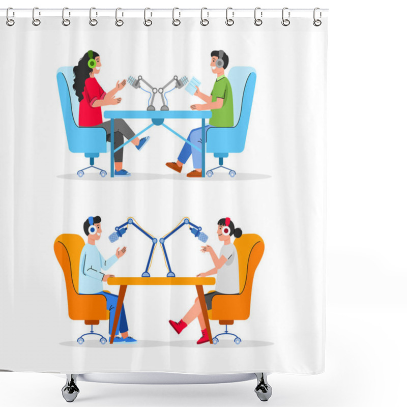 Personality  Two People Take Record Of Talking Show For Podcast. Shower Curtains