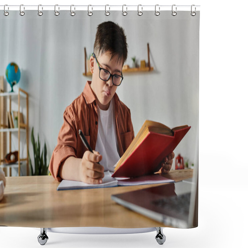 Personality  A Boy With Down Syndrome Sits At A Desk With A Laptop And A Book. Shower Curtains