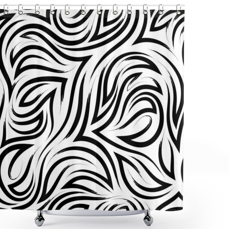 Personality  Black Flowing Lines And Corners Vector Geometric Seamless Pattern Isolated On White Background.Elegant Flowing Pattern And Stripes Of Brush Strokes Shower Curtains