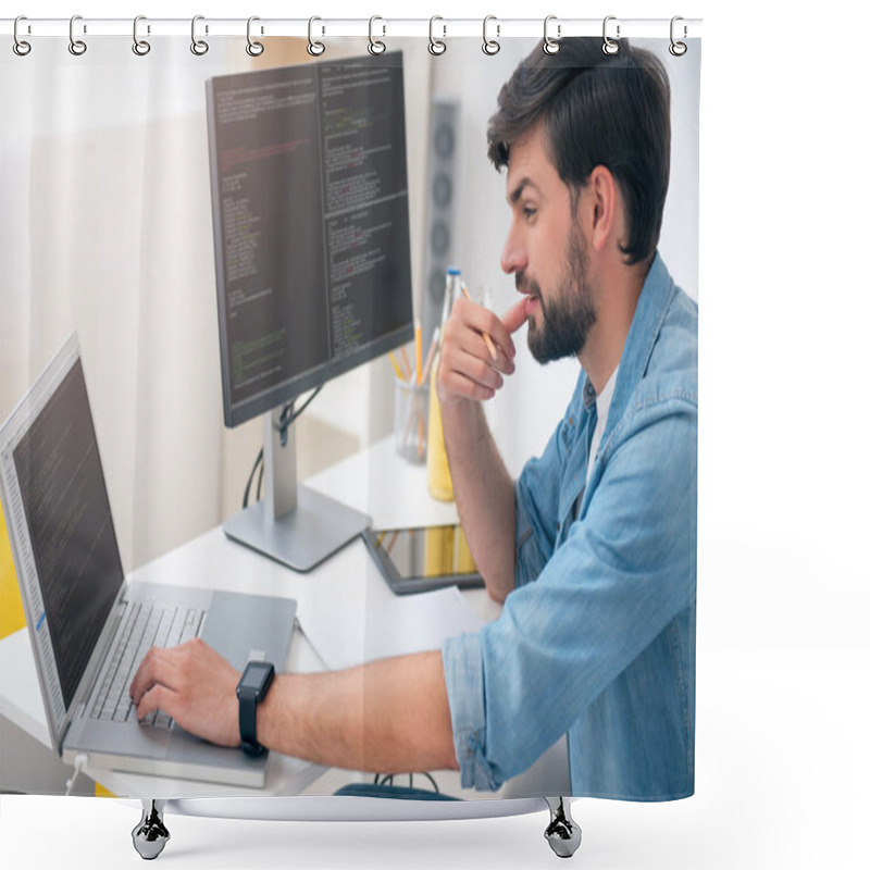 Personality  Man Working On His Laptop Shower Curtains