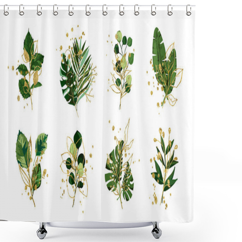 Personality  Gold Green Floral Tropical Leaves Wedding Bouquet With Golden Splatters Isolated Shower Curtains