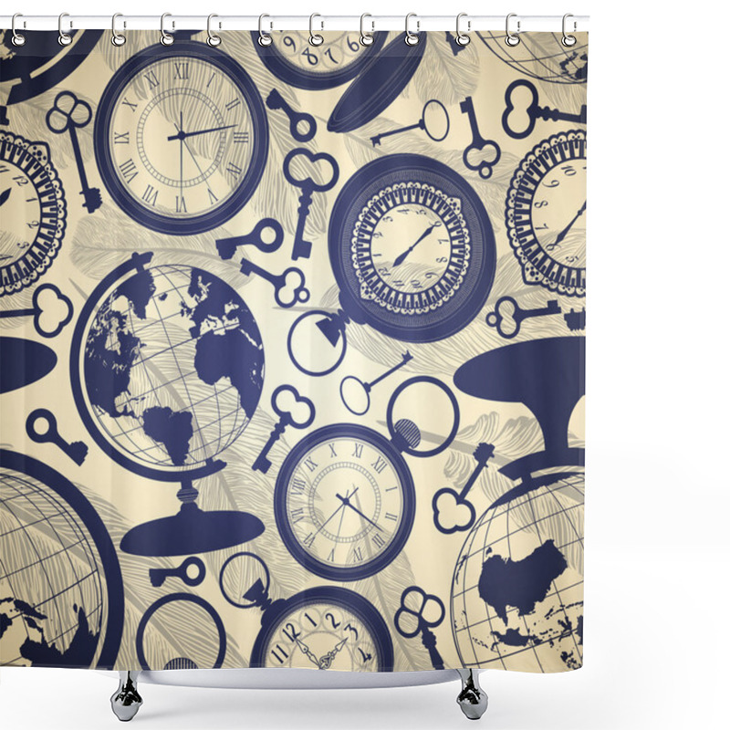 Personality  Seamless Retro Background With Globes, Keys And Watches Shower Curtains