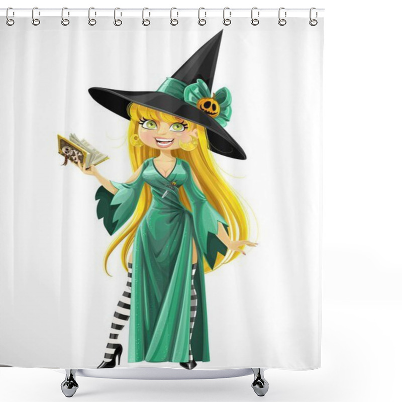 Personality  Beautiful Young Witch With A Book Stand On White Background Shower Curtains