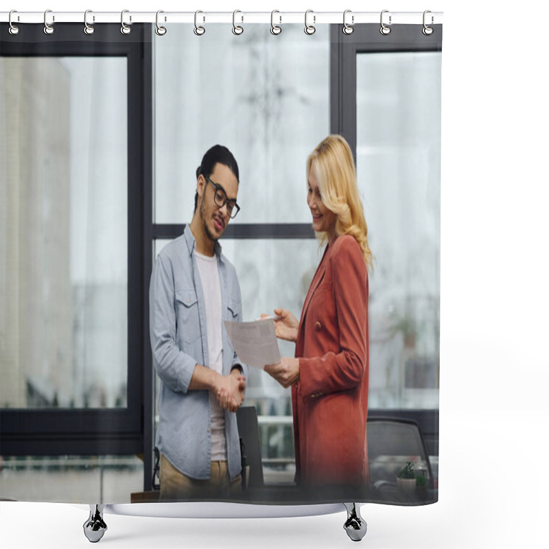 Personality  Man And Woman Shaking Hands In Office Shower Curtains