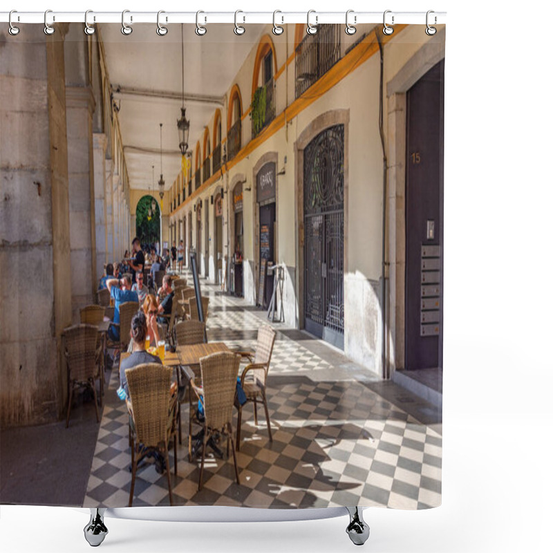 Personality  Girona, Spain, May 26, 2022: Summer Day At Plaza De La Independenceia In Spanish Town Girona. Shower Curtains