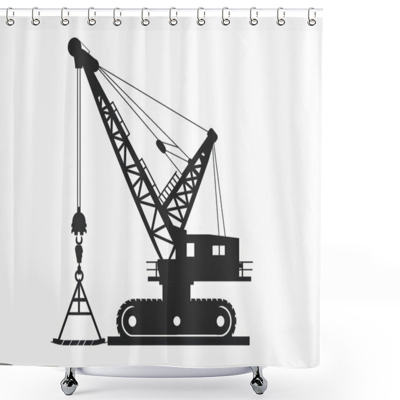 Personality  Black Silhouette Of A Large Construction Crane With A Hook, Set Against A White Background. Shower Curtains