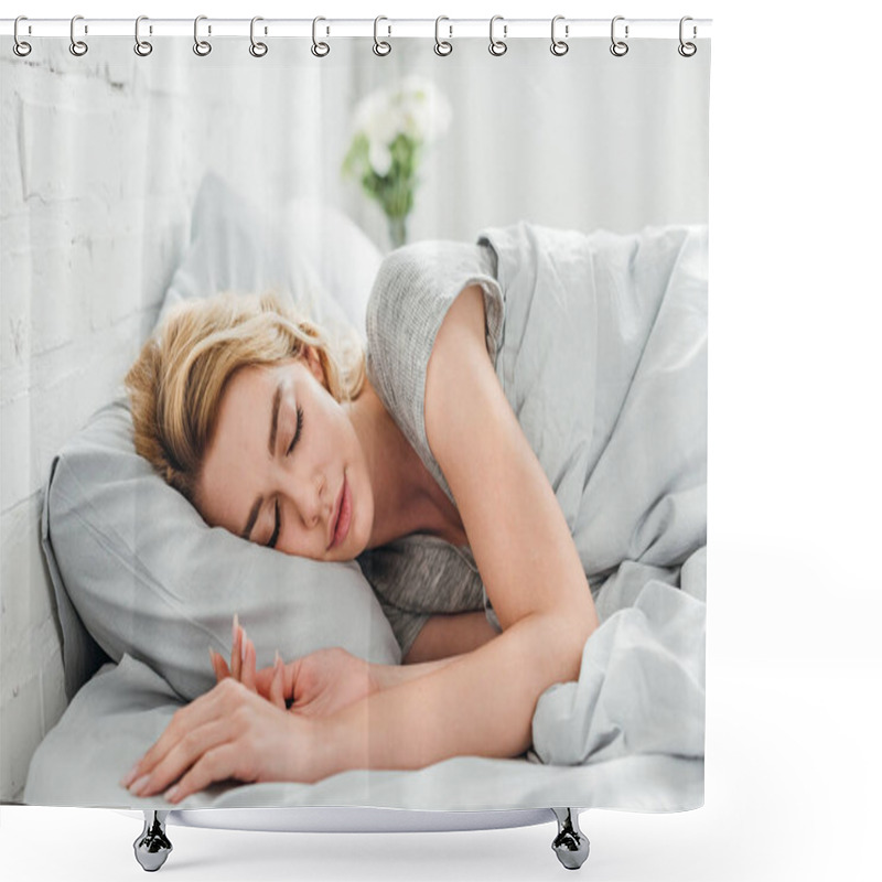 Personality  Attractive Woman Sleeping Under Blanket At Home  Shower Curtains