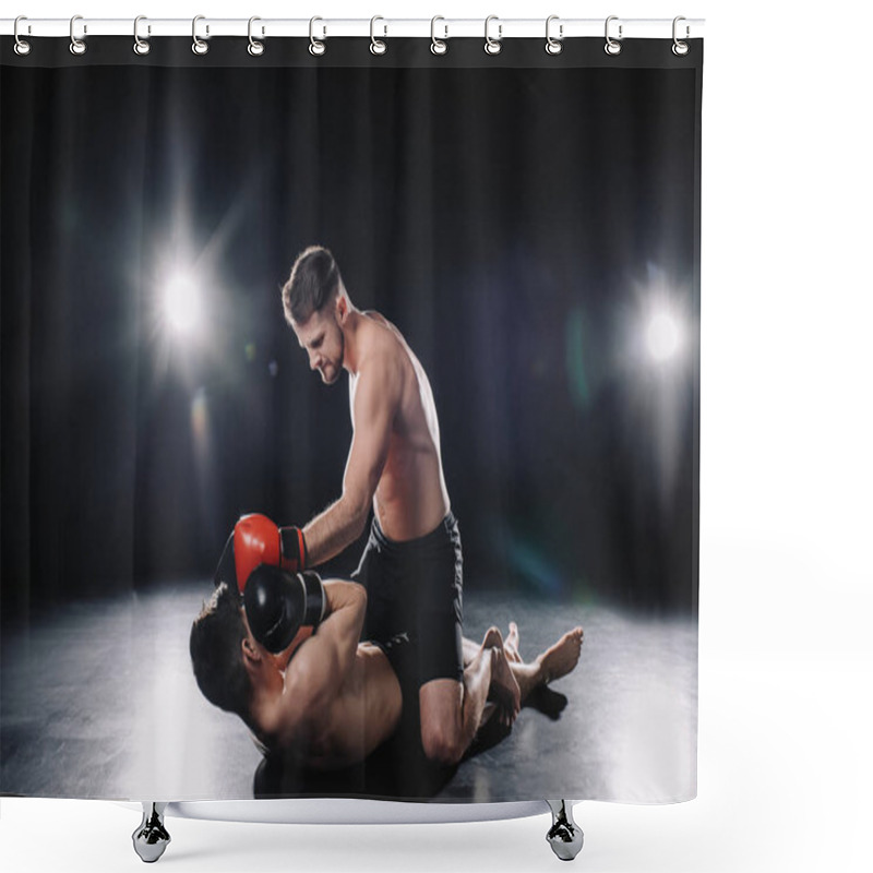 Personality  Strong Mma Fighter In Boxing Gloves Sitting On Opponent And Punching Him In Head While Sportsman Lying On Floor Shower Curtains