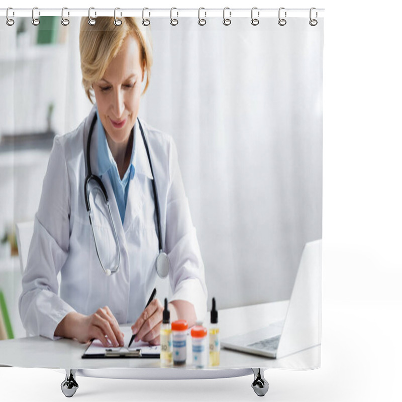 Personality  Selective Focus Of Cheerful And Mature Doctor Writing Prescription Near Bottles With Medical Cannabis And Cbd  Shower Curtains