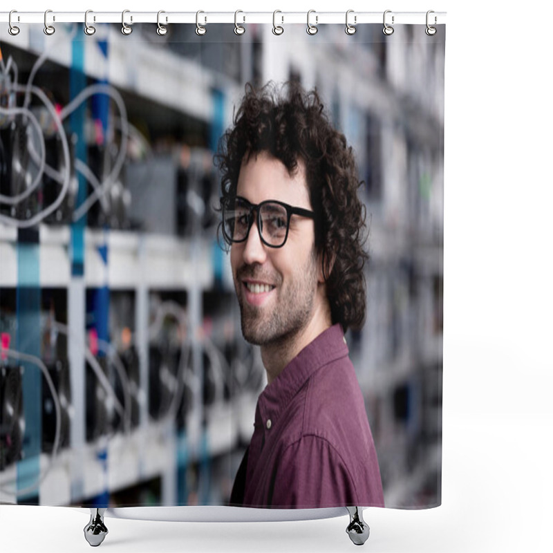 Personality  Happy Young Computer Engineer At Cryptocurrency Mining Farm Looking At Camera Shower Curtains