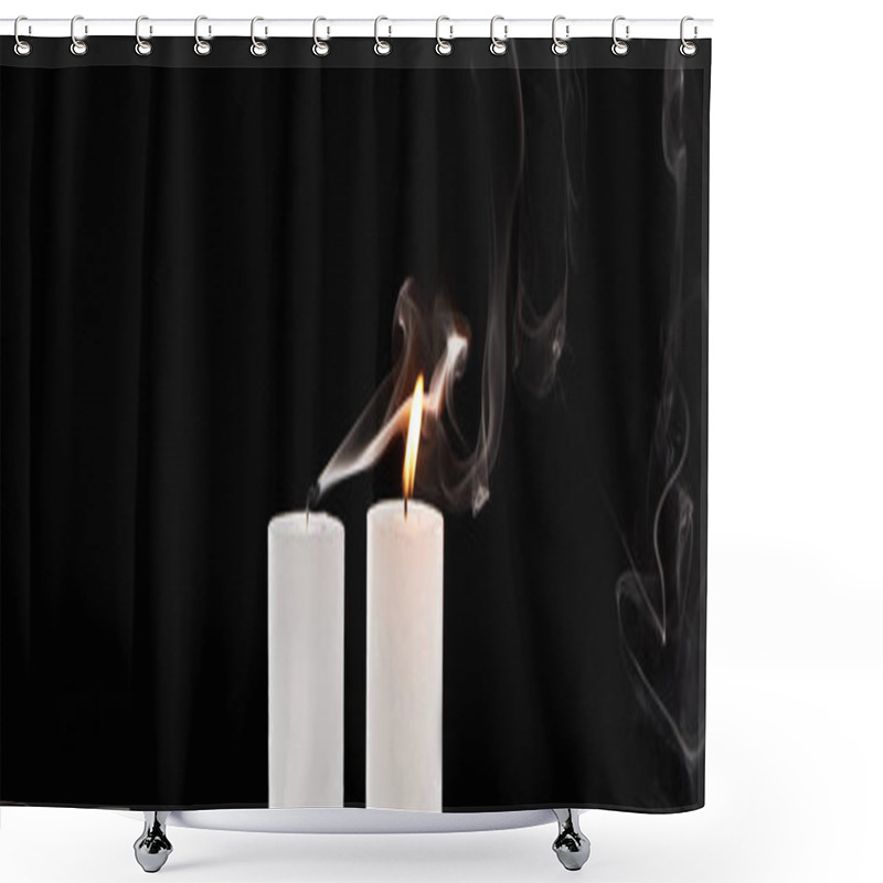 Personality  Burning And Extinct White Candles With Smoke On Black Background, Panoramic Shot Shower Curtains