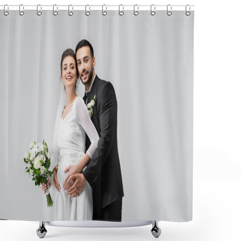 Personality  Young Muslim Groom Embracing Cheerful Pregnant Bride With Wedding Bouquet Isolated On Grey  Shower Curtains