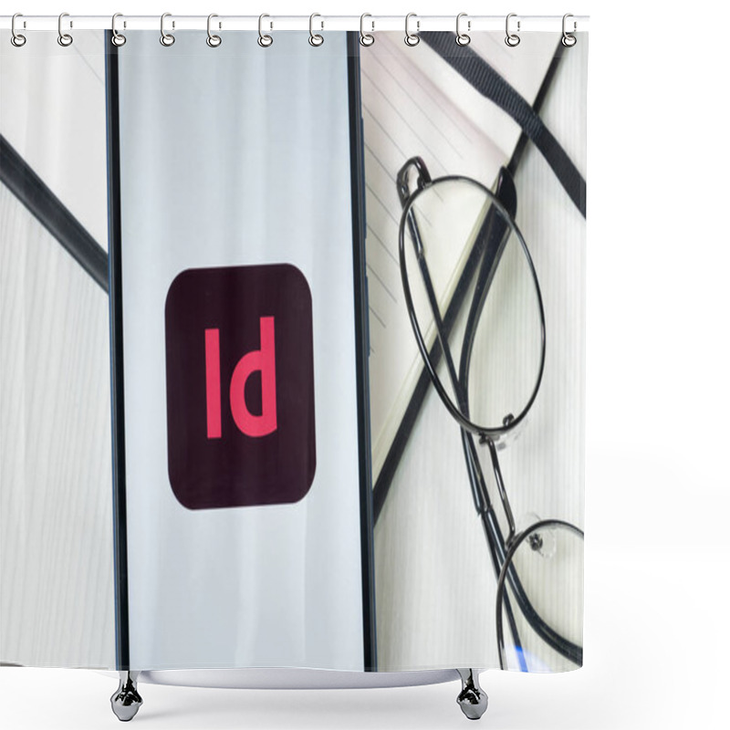 Personality  New York, USA - 30 June 2024: Adobe InDesign Logo Or Icon On Phone Screen. Shower Curtains