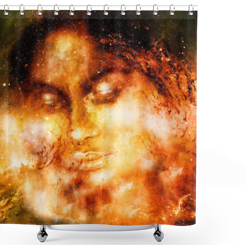 Personality  Goddess Woman In Cosmic Space. Cosmic Space Background. Fire Effect Shower Curtains