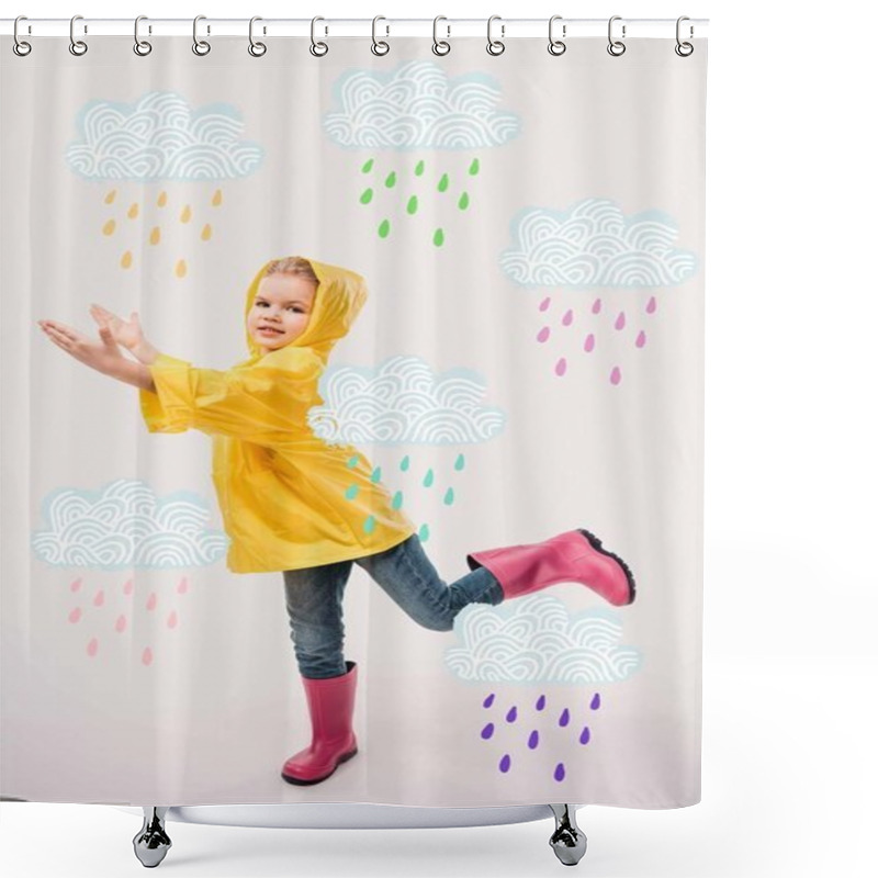 Personality  Happy Kid In Rubber Boots And Yellow Raincoat With Rainy Clouds Illustration Shower Curtains