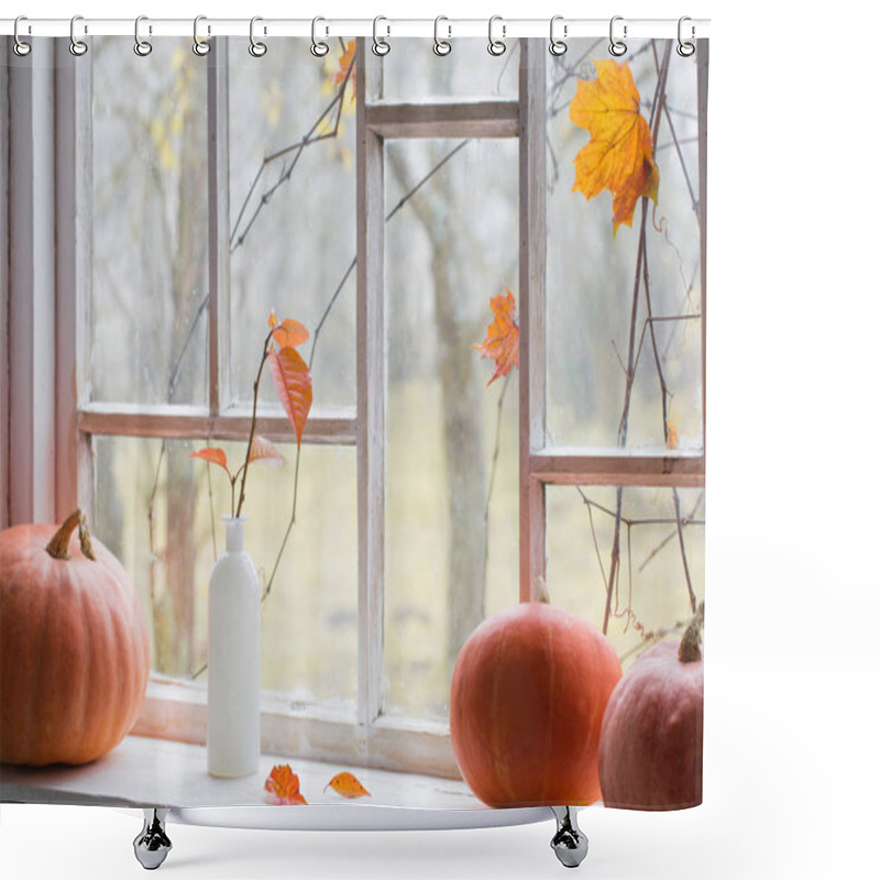 Personality  Orange Pumpkin On Windowsill  Shower Curtains