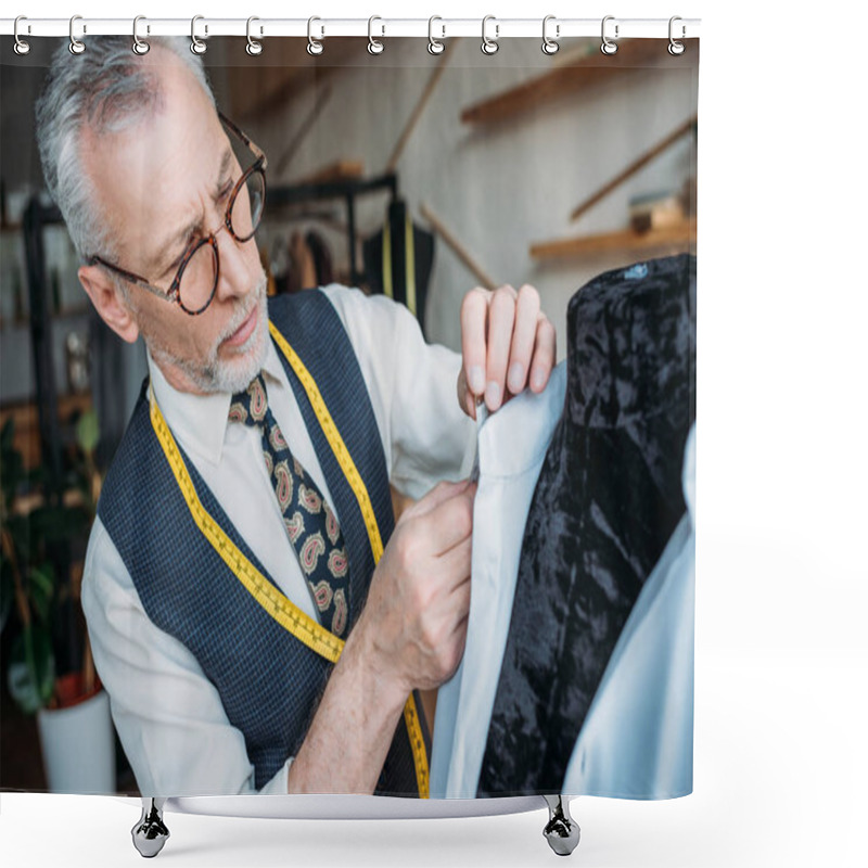 Personality  Handsome Tailor Measuring Shirt At Sewing Workshop Shower Curtains