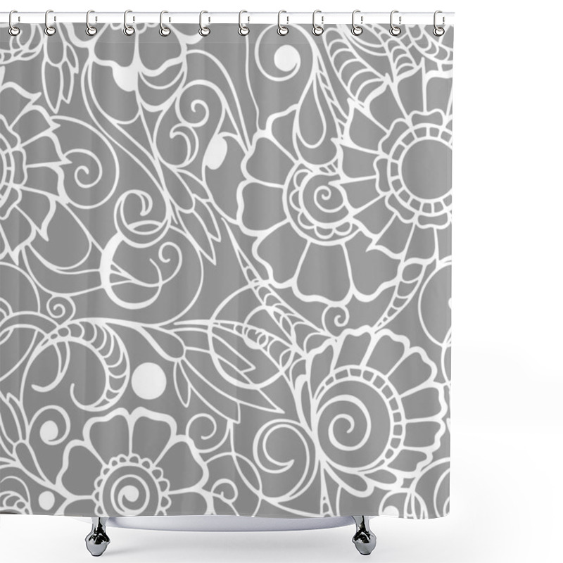 Personality  Seamless Pattern Of White Contours Of Flowers On A Gray Background, Texture, Design Shower Curtains