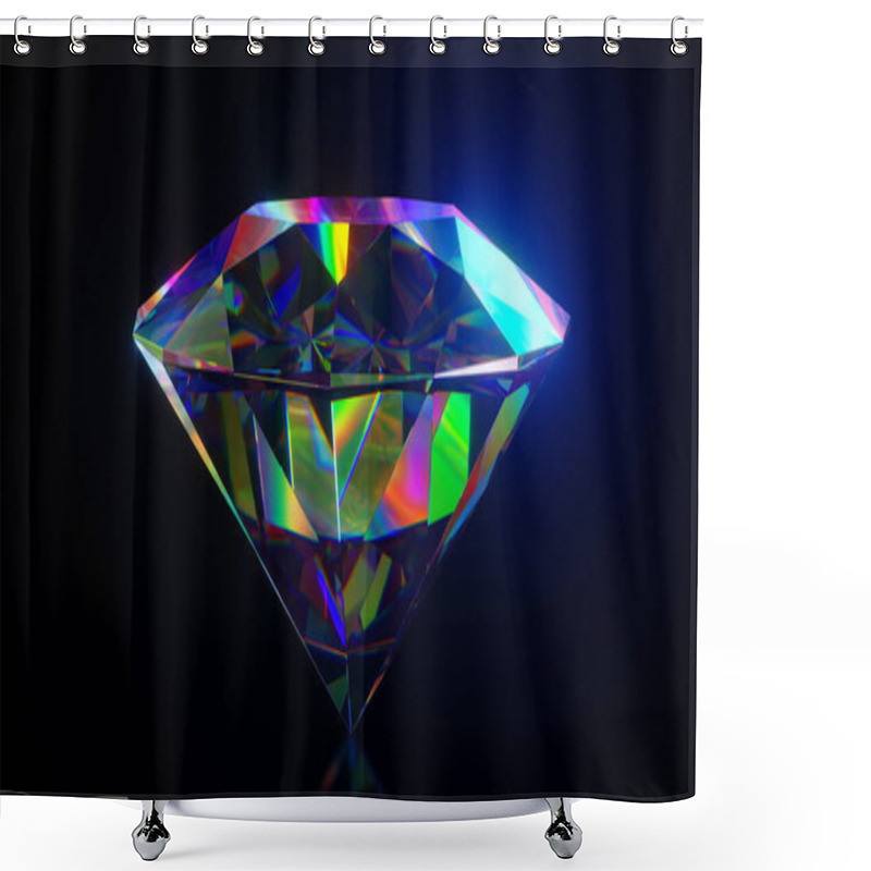 Personality  Beautiful Large Crystal Clear Rainbow Shining Round Cut Diamond, Rotates Against A Black Mirror Isolated Background. Close Up Side View. 3d Illustration Shower Curtains