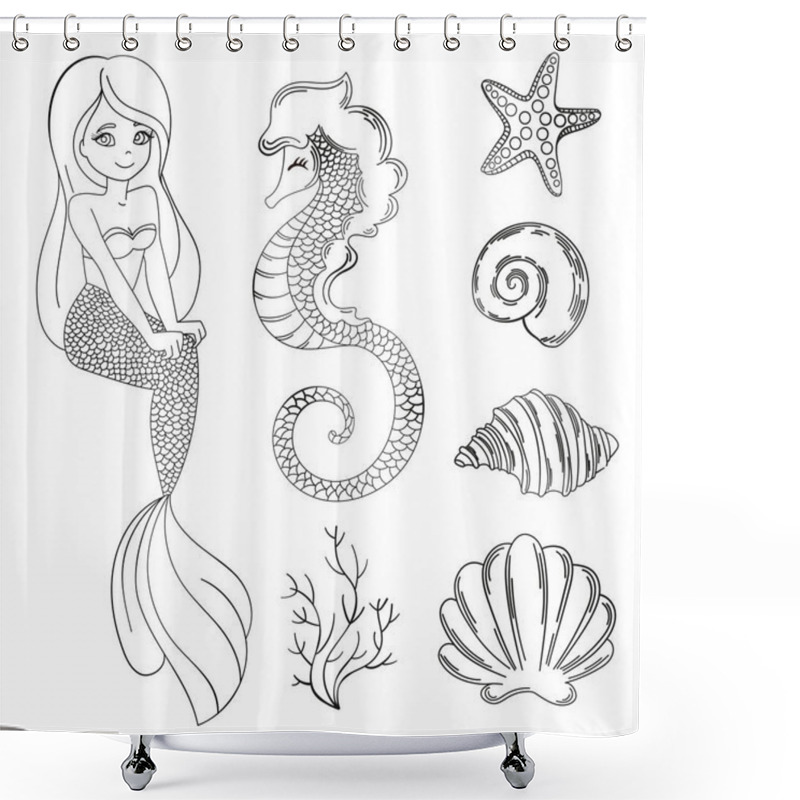 Personality  MERMAID MONOCHROME Cartoon Travel Tropical Vector Illustration Set For Print, Fabric And Decoration. Shower Curtains