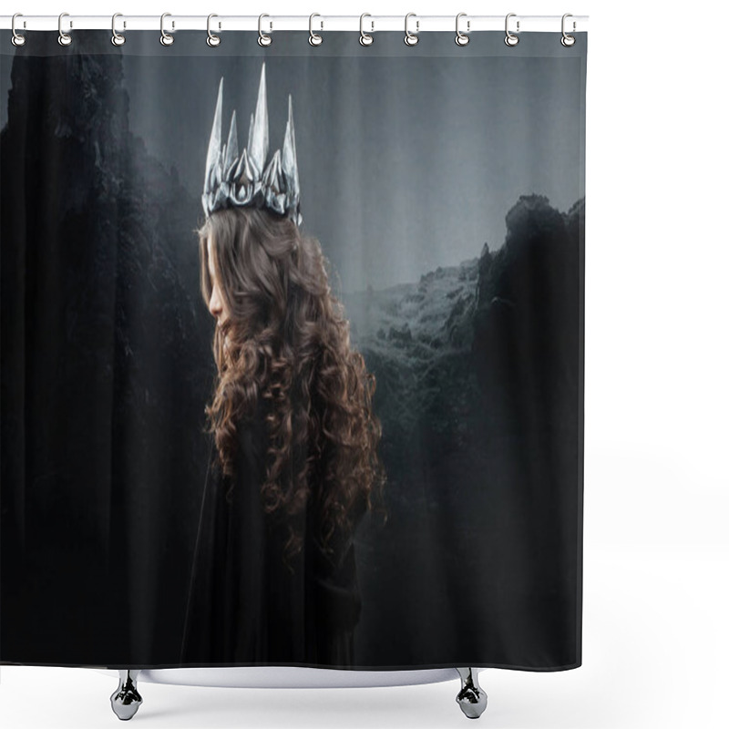 Personality  Portrait Of A Gothic Princess. Beautiful Young Brunette Woman In Metal Crown And Black Cloak. Shower Curtains