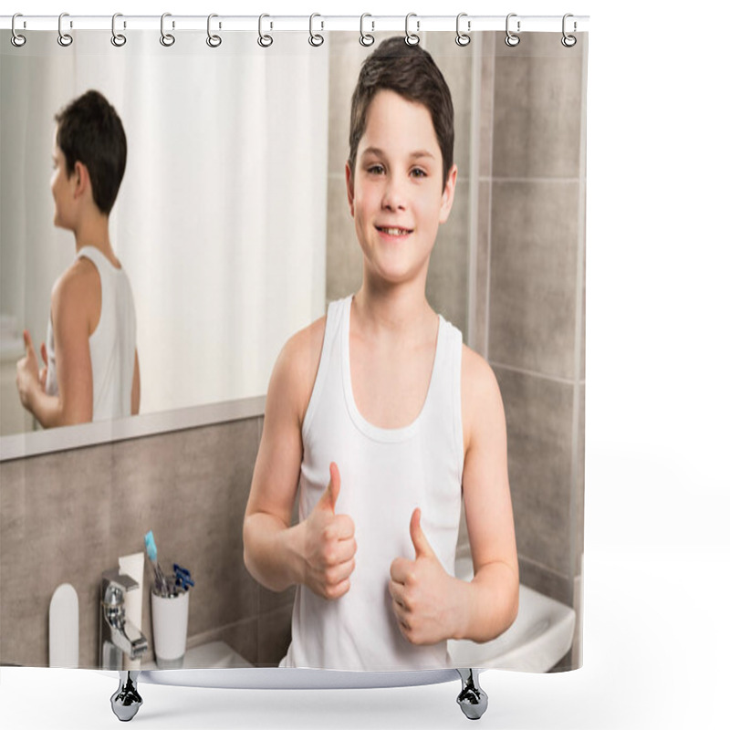 Personality  Smiling Boy Standing Near Mirror In Bathroom And Showing Thumbs Up Shower Curtains