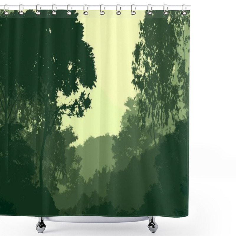 Personality  Abstract Silhouetted Background With Foggy Forest Trees Shower Curtains