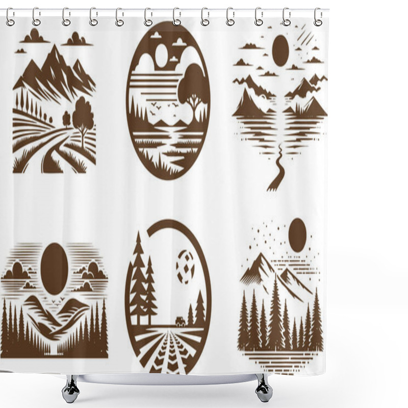 Personality  Collection Of Minimalist Landscape Illustrations In Graphic Design Style For Nature Inspired Branding Shower Curtains