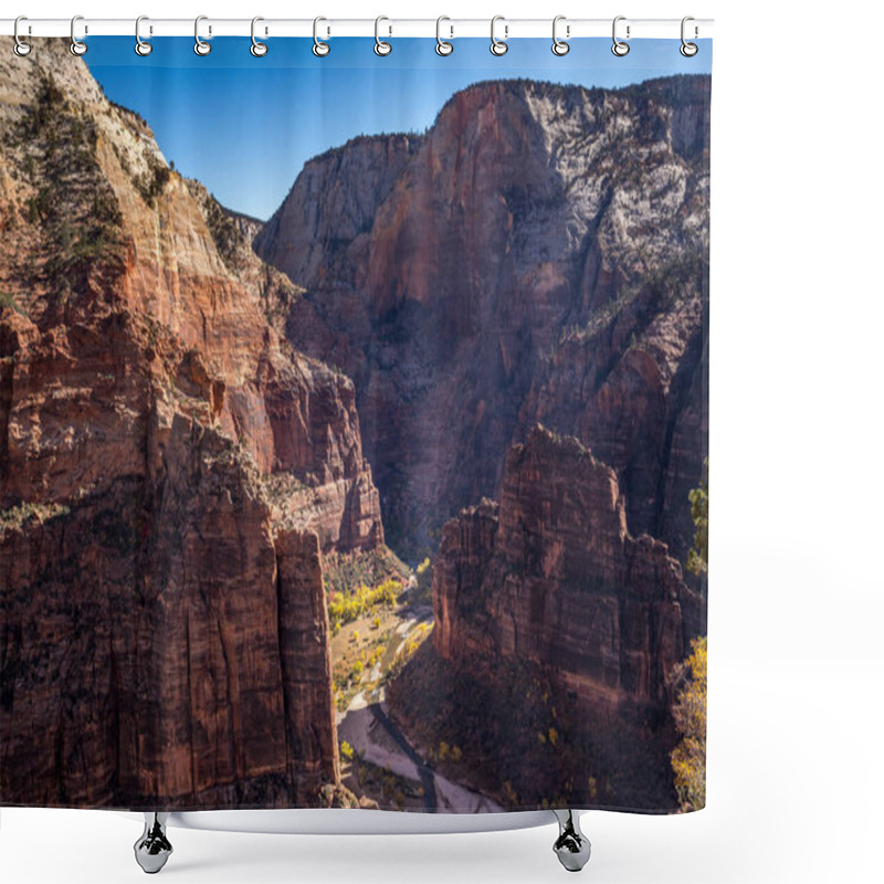 Personality  Angels Landing In Zion National Park, Utah, Offers Stunning Panoramic Views Of Towering Sandstone Cliffs And Vibrant Desert Flora. Shower Curtains